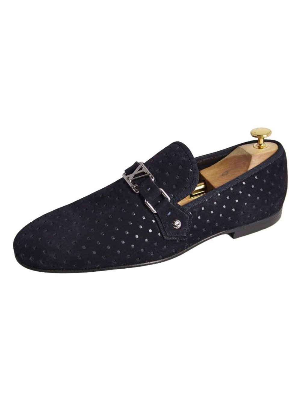 Louis Vuitton Loafers Slip-on LV Logo Perforated Shoes Suede Leather Navy 8.5
